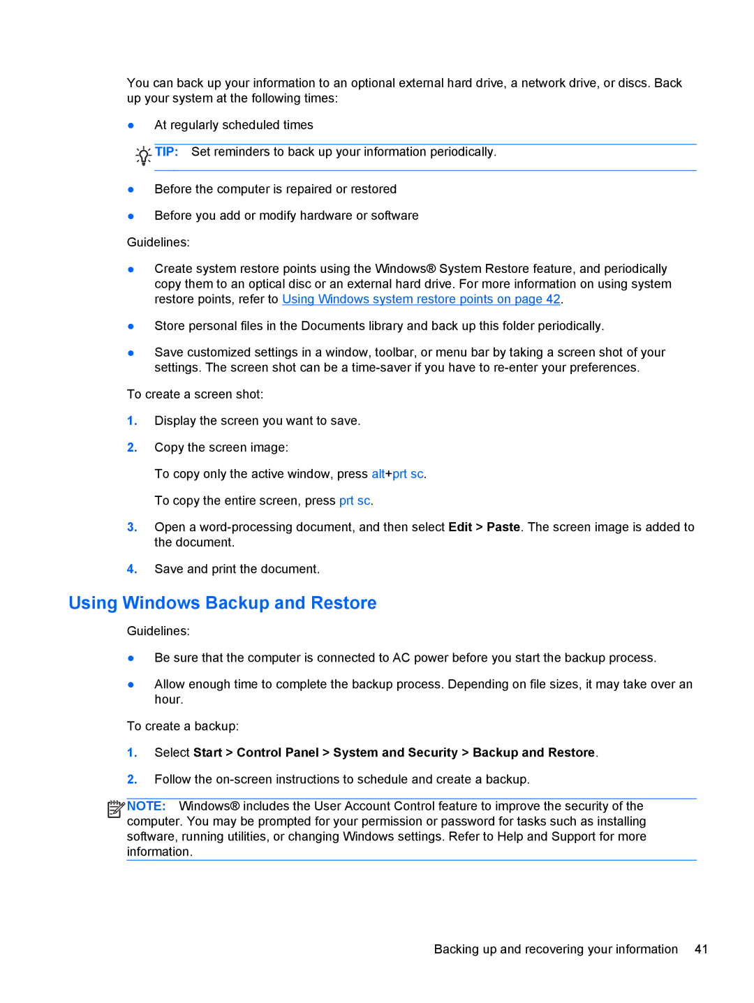 HP A7A43UAR#ABA manual Using Windows Backup and Restore 