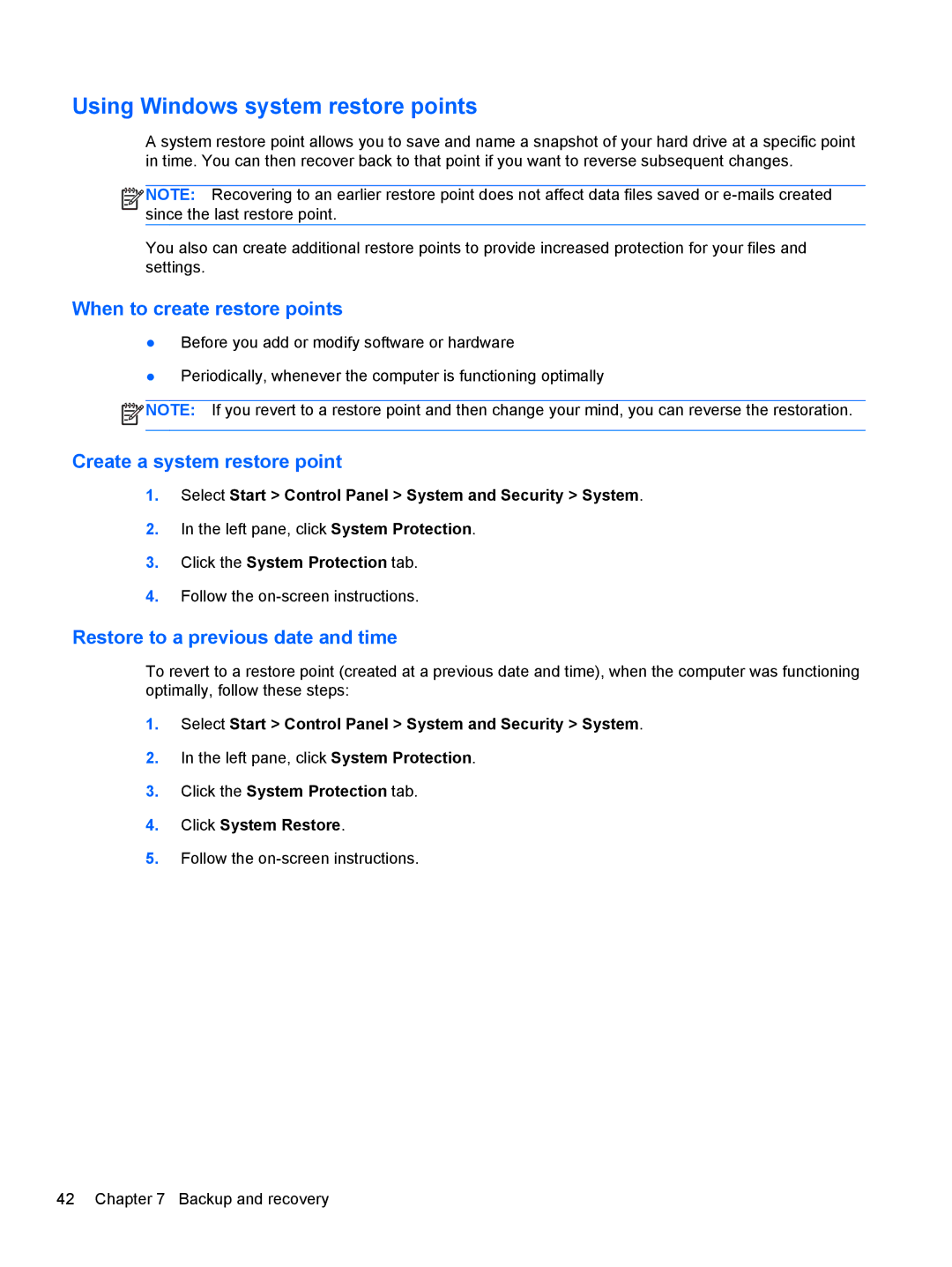 HP A7A43UAR#ABA manual Using Windows system restore points, When to create restore points 