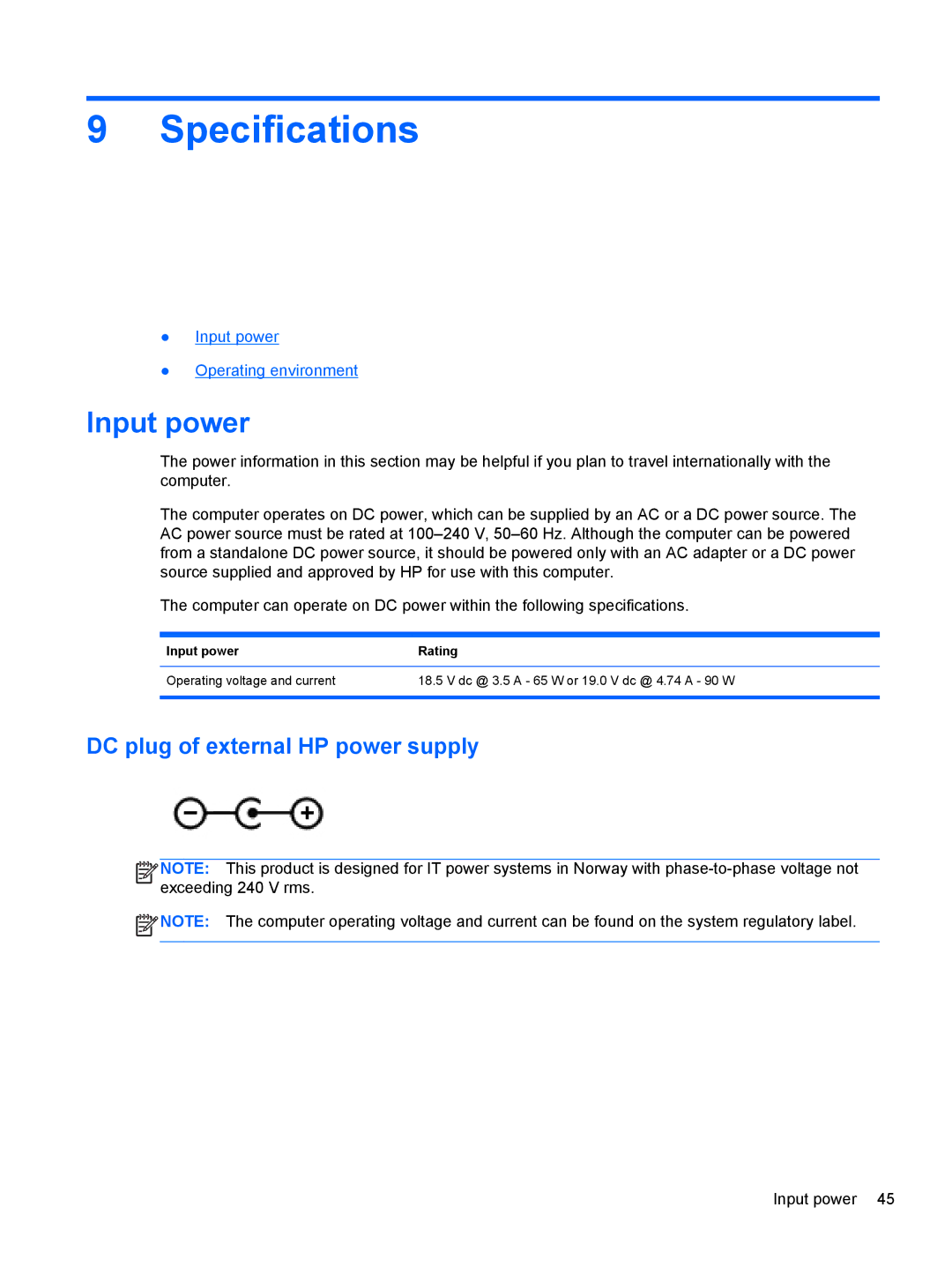 HP A7A43UAR#ABA manual Specifications, Input power, DC plug of external HP power supply 