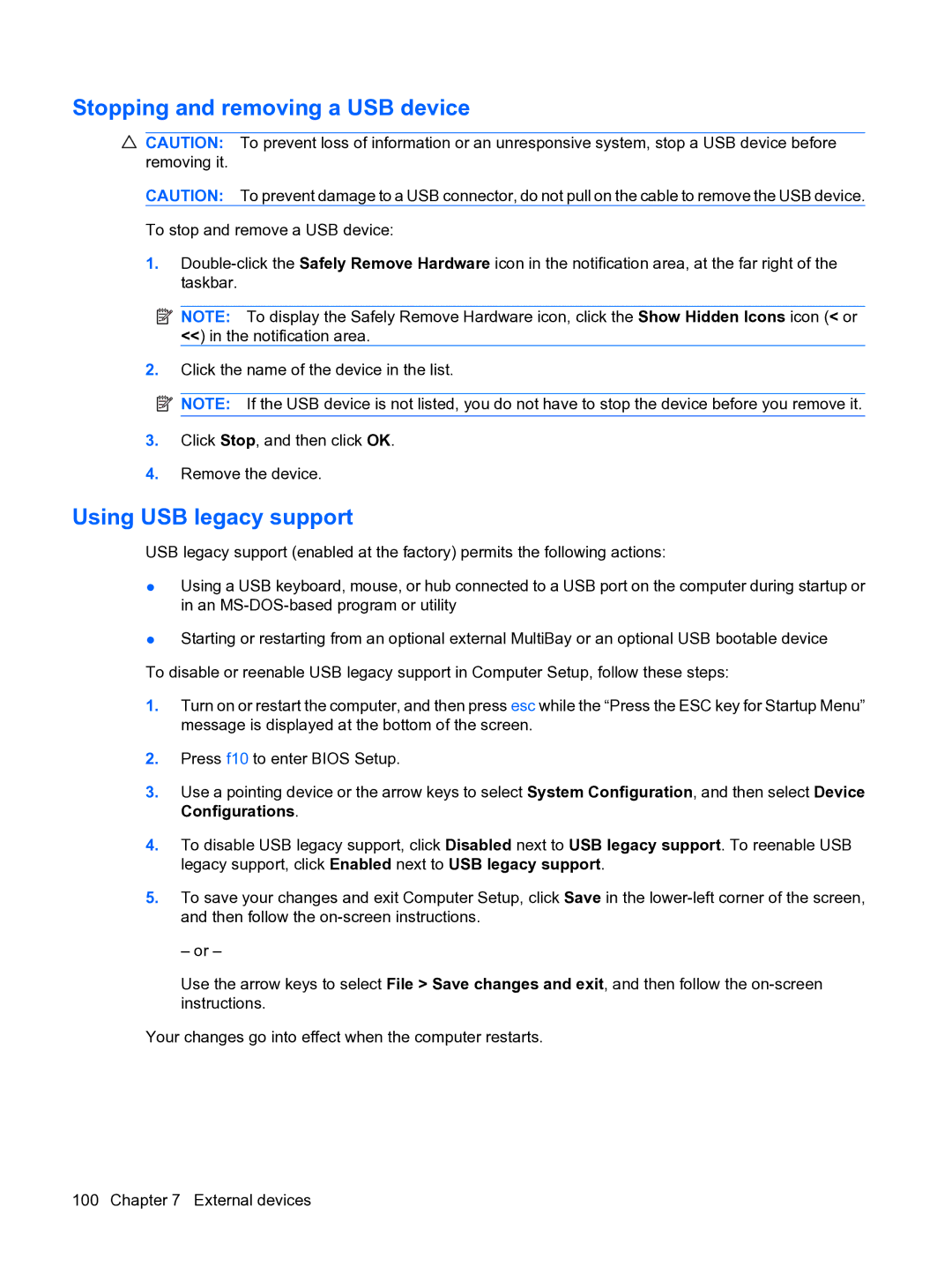 HP A7V-M, D3L12AW#ABA manual Stopping and removing a USB device, Using USB legacy support 