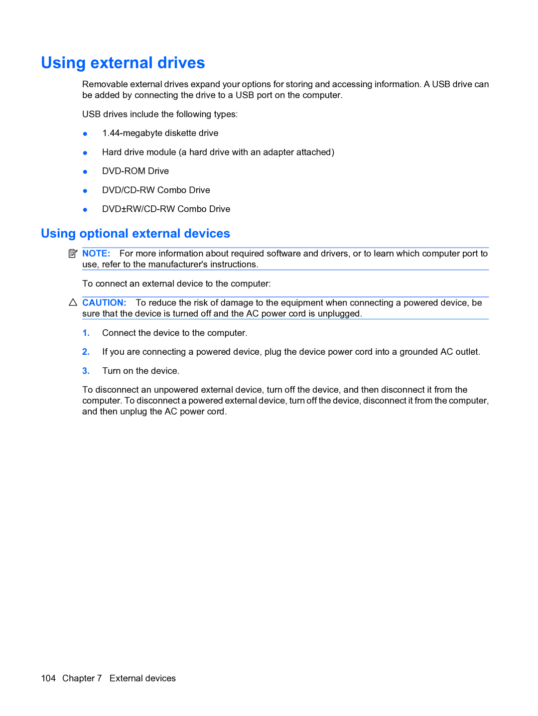 HP A7V-M, D3L12AW#ABA manual Using external drives, Using optional external devices 