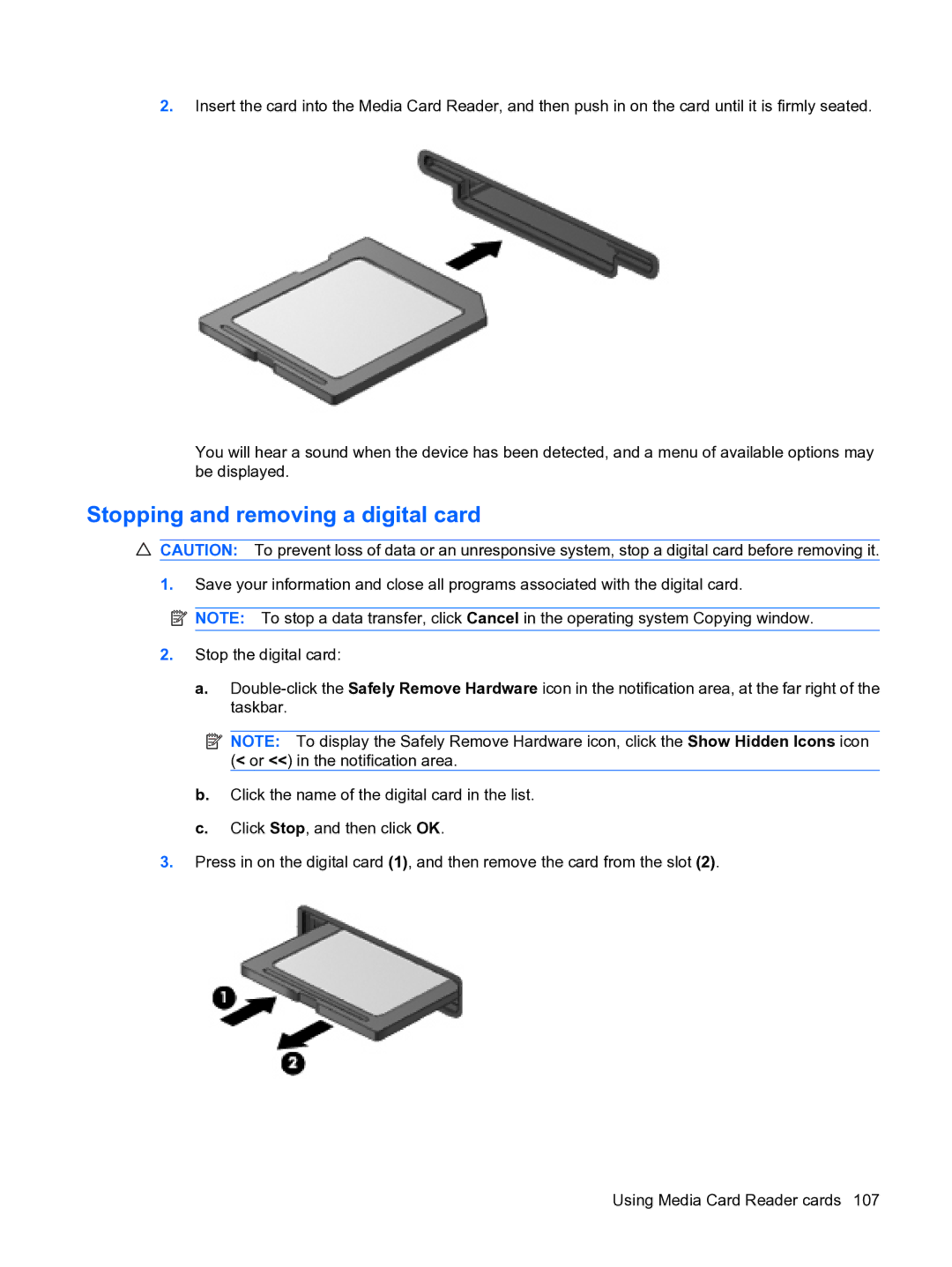 HP D3L12AW#ABA, A7V-M manual Stopping and removing a digital card 