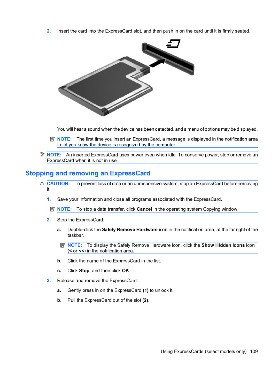 HP D3L12AW#ABA, A7V-M manual Stopping and removing an ExpressCard 