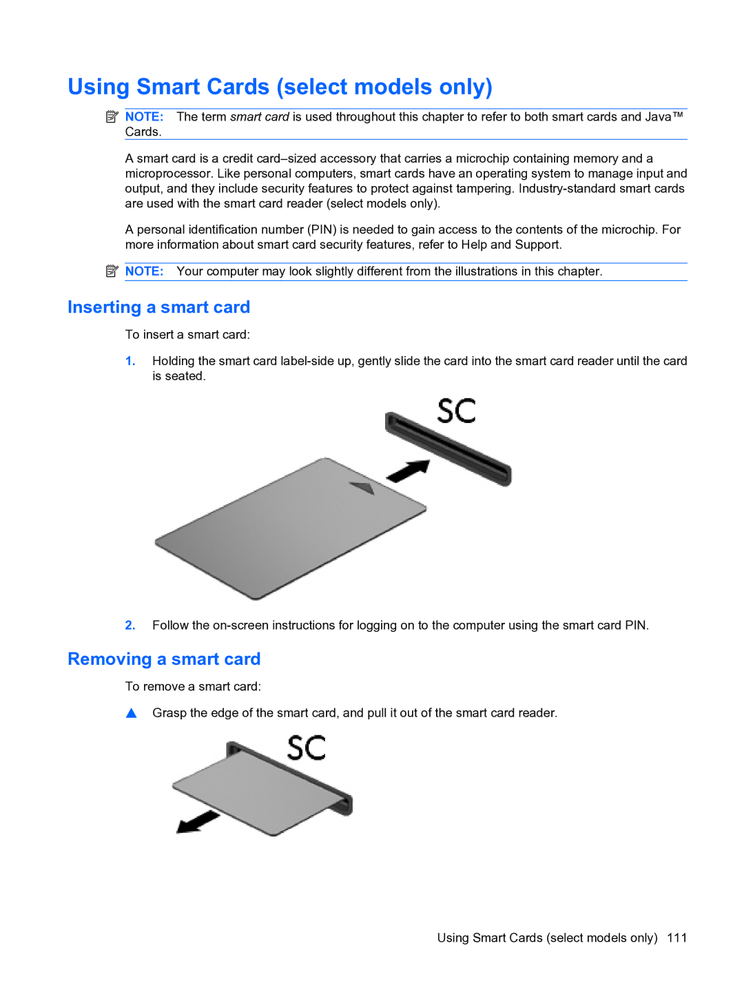 HP D3L12AW#ABA, A7V-M manual Using Smart Cards select models only, Inserting a smart card, Removing a smart card 