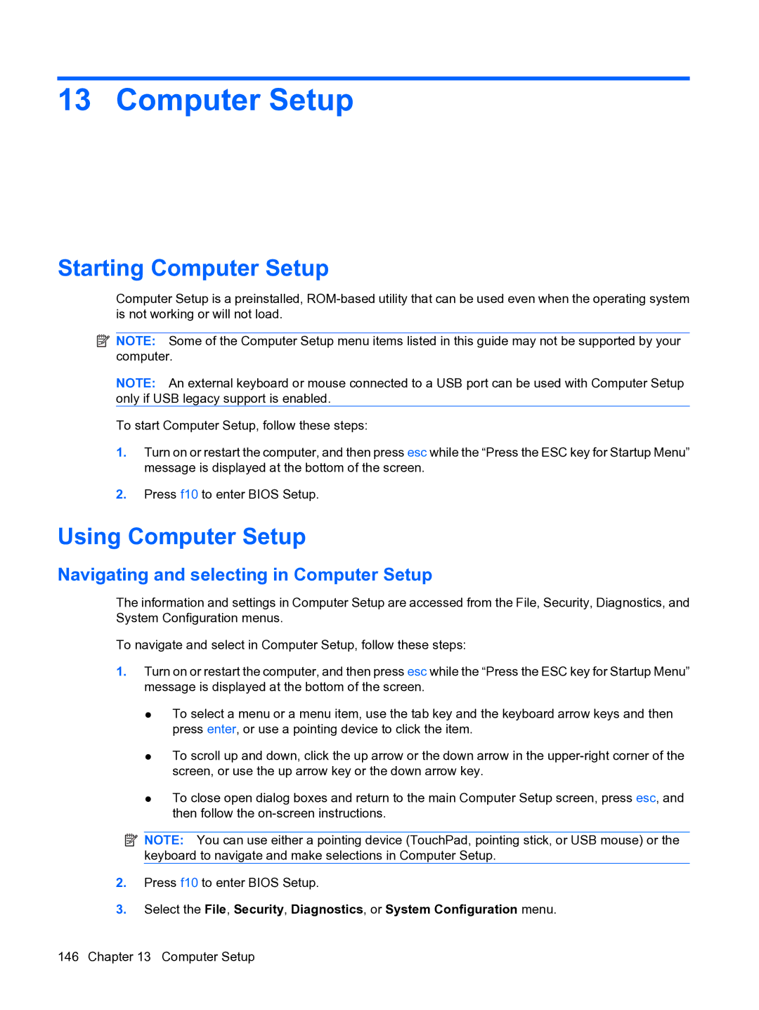 HP A7V-M, D3L12AW#ABA manual Starting Computer Setup, Using Computer Setup, Navigating and selecting in Computer Setup 