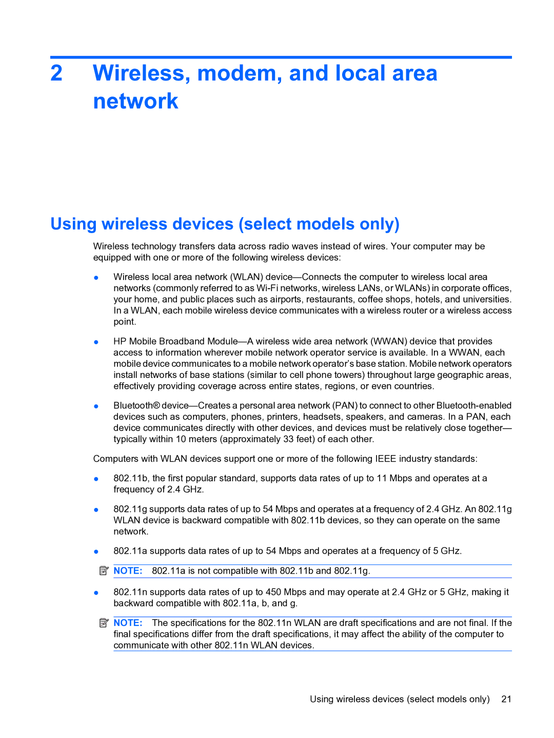 HP D3L12AW#ABA, A7V-M manual Wireless, modem, and local area network, Using wireless devices select models only 