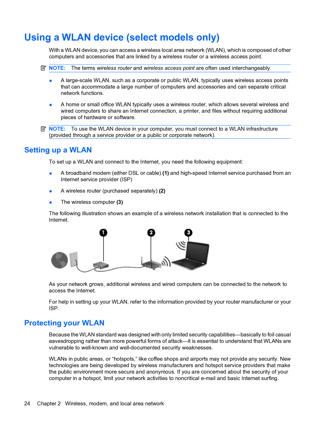 HP A7V-M, D3L12AW#ABA manual Using a Wlan device select models only, Setting up a Wlan, Protecting your Wlan 