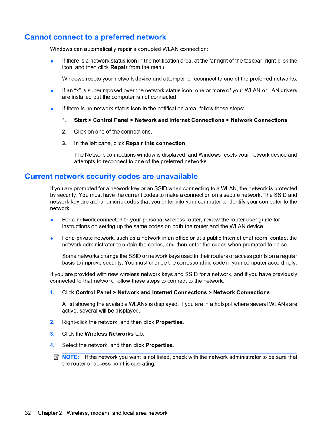 HP A7V-M, D3L12AW#ABA manual Cannot connect to a preferred network, Current network security codes are unavailable 