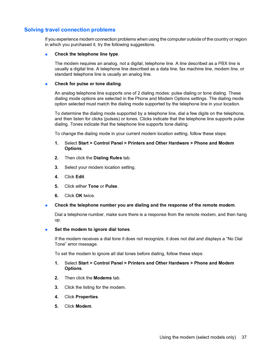 HP D3L12AW#ABA, A7V-M Solving travel connection problems, Check the telephone line type, Check for pulse or tone dialing 