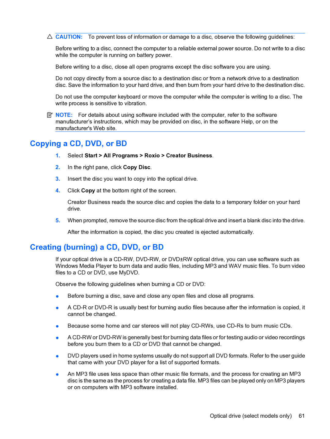 HP D3L12AW#ABA, A7V-M manual Copying a CD, DVD, or BD, Creating burning a CD, DVD, or BD 