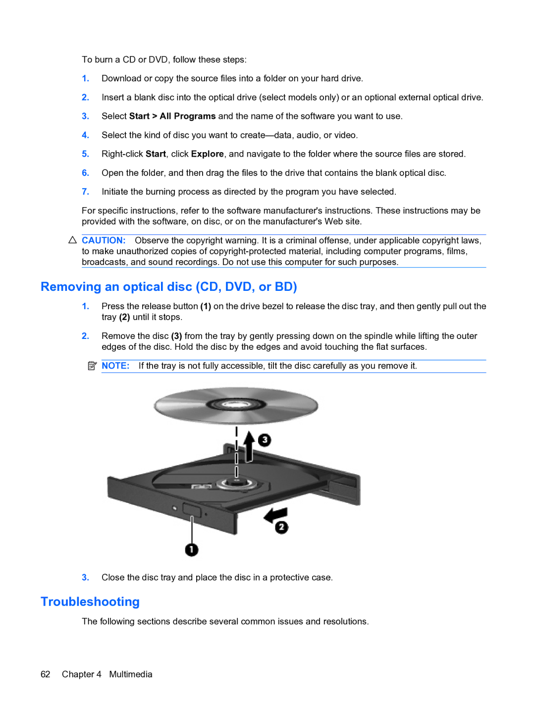 HP A7V-M, D3L12AW#ABA manual Removing an optical disc CD, DVD, or BD, Troubleshooting 