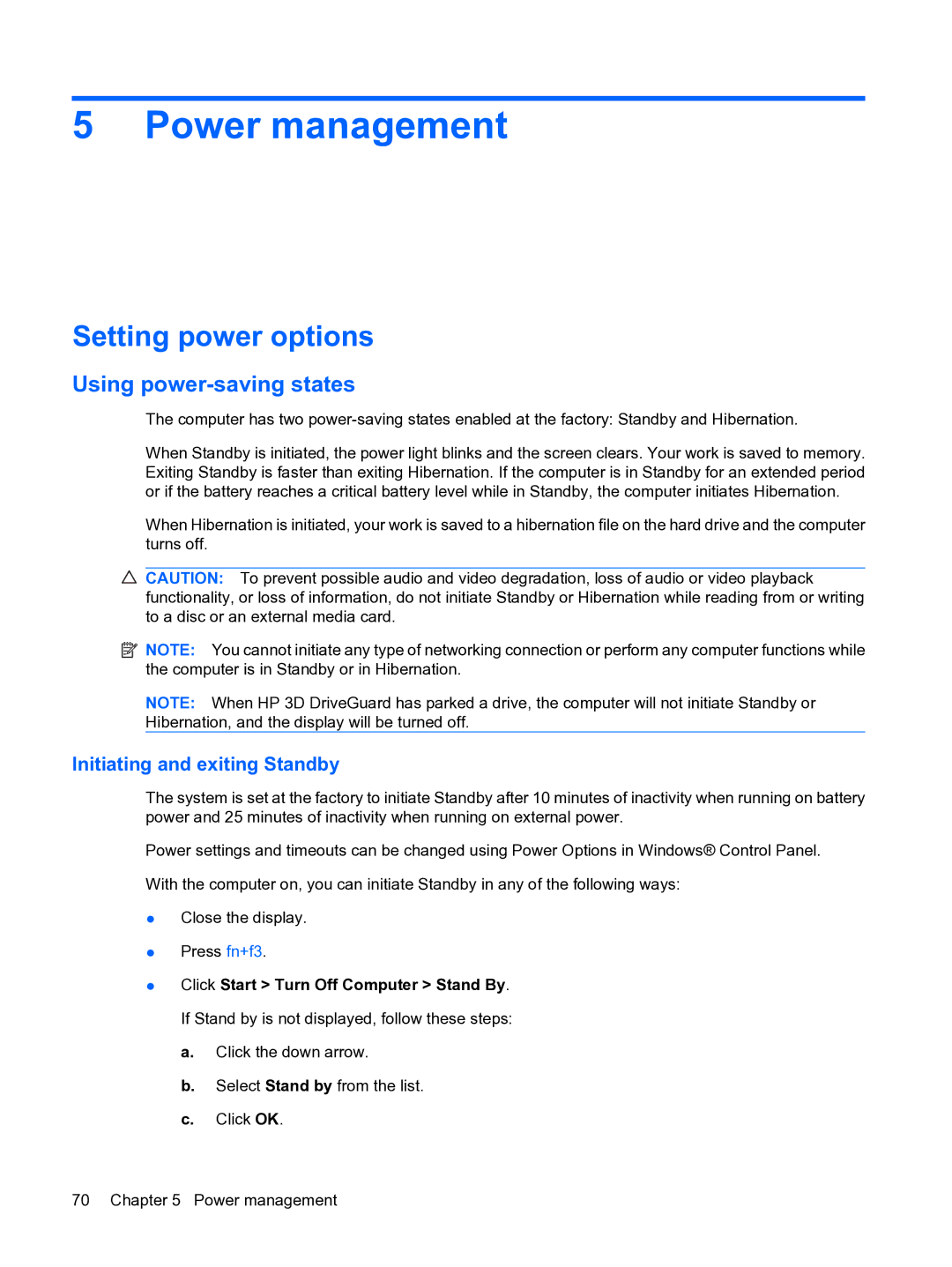 HP A7V-M, D3L12AW#ABA Power management, Setting power options, Using power-saving states, Initiating and exiting Standby 