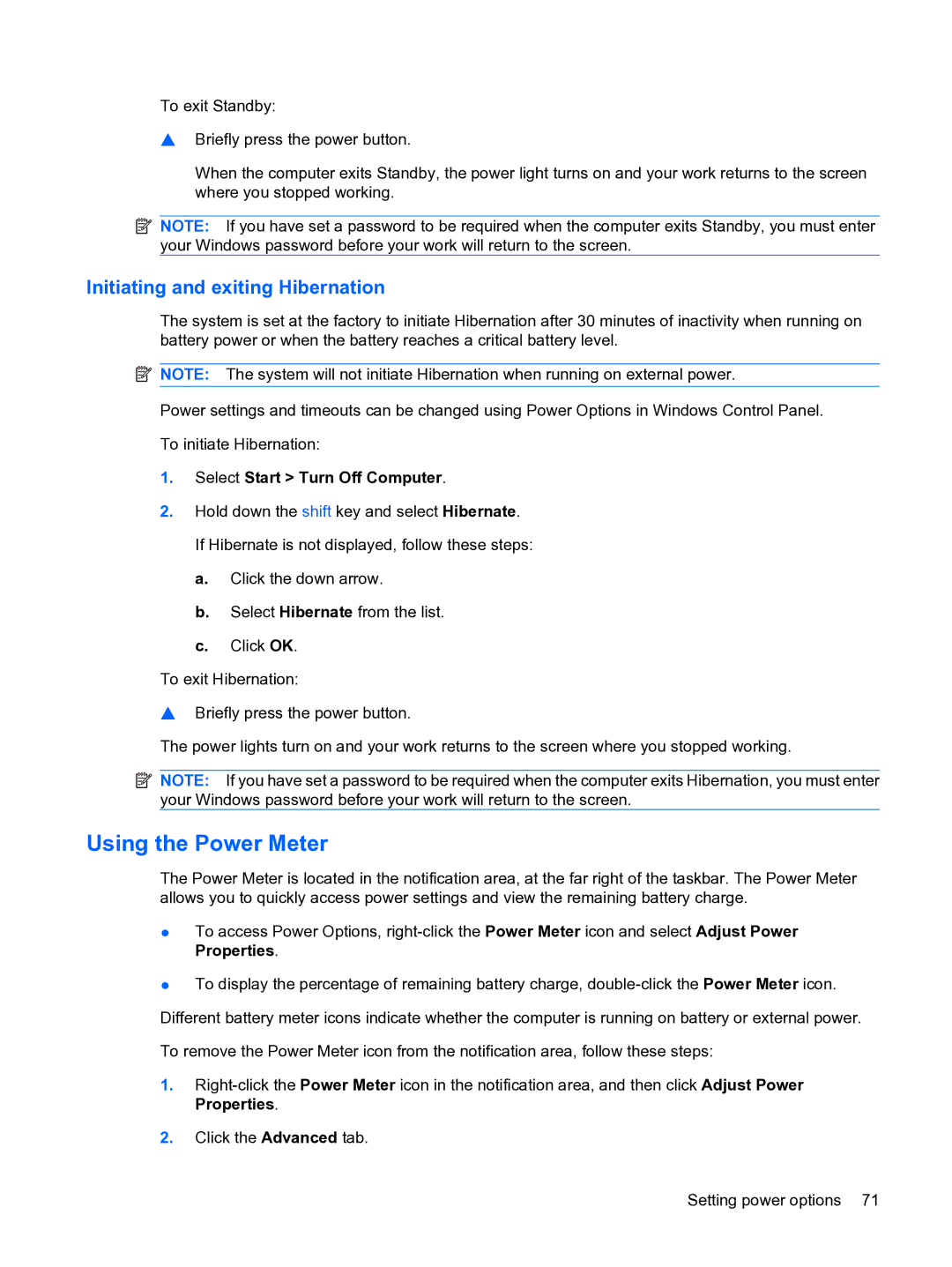 HP D3L12AW#ABA, A7V-M manual Using the Power Meter, Initiating and exiting Hibernation, Select Start Turn Off Computer 
