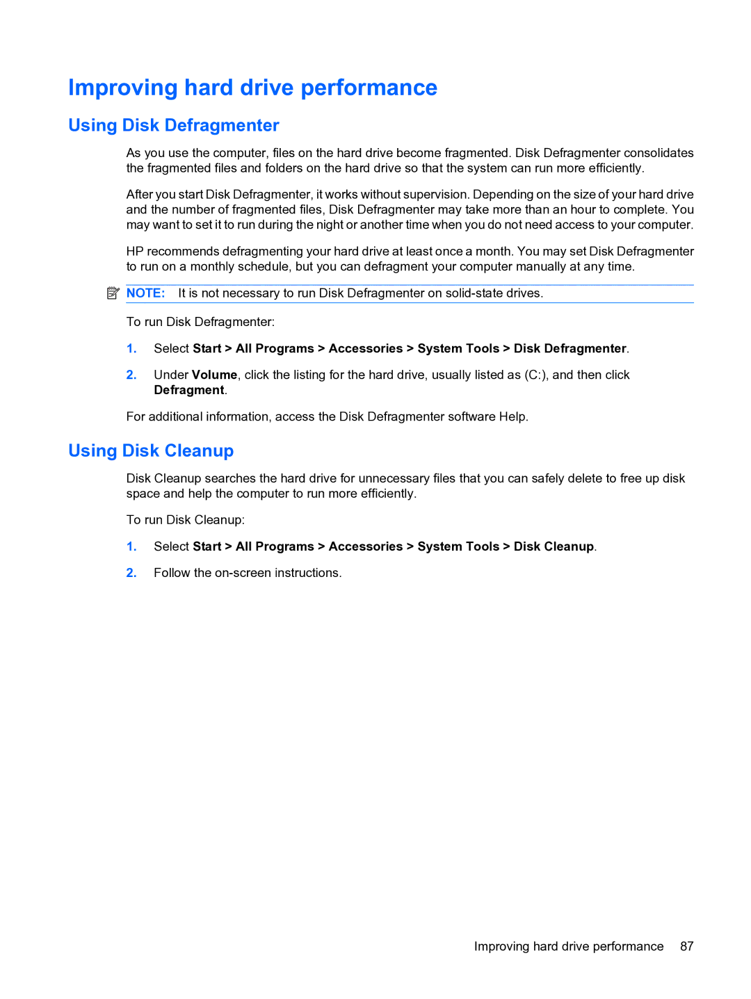 HP D3L12AW#ABA, A7V-M manual Improving hard drive performance, Using Disk Defragmenter, Using Disk Cleanup 