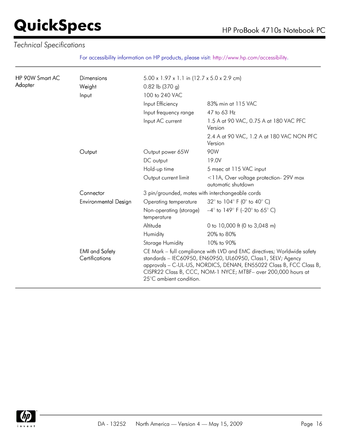 HP A7V8X-MXSE HP 90W Smart AC Dimensions, Adapter Weight, Input, Output, Connector, Environmental Design, EMI and Safety 