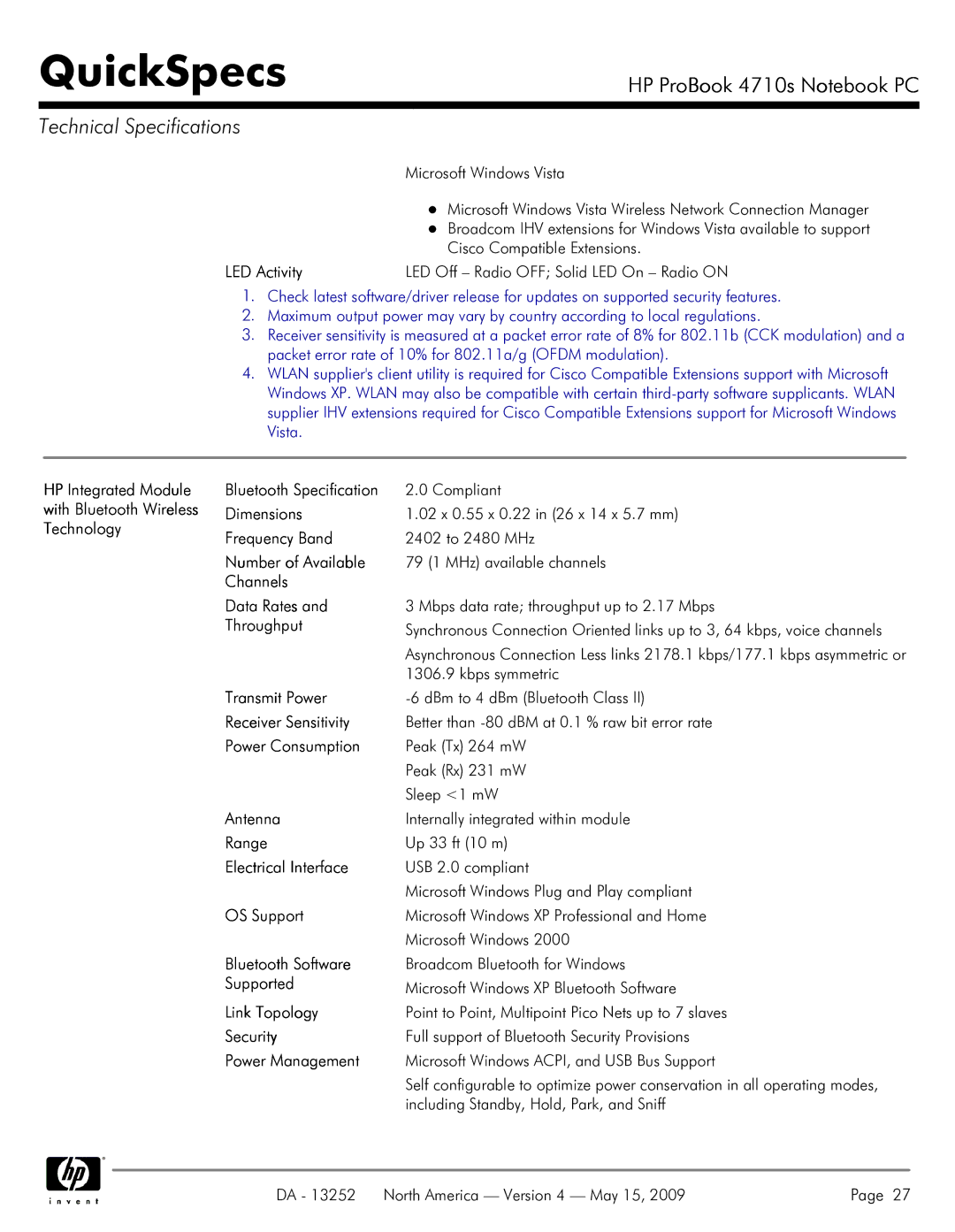 HP A7V8X-MXSE manual Bluetooth Specification, Number of Available, Channels Data Rates, Throughput, Transmit Power, Antenna 