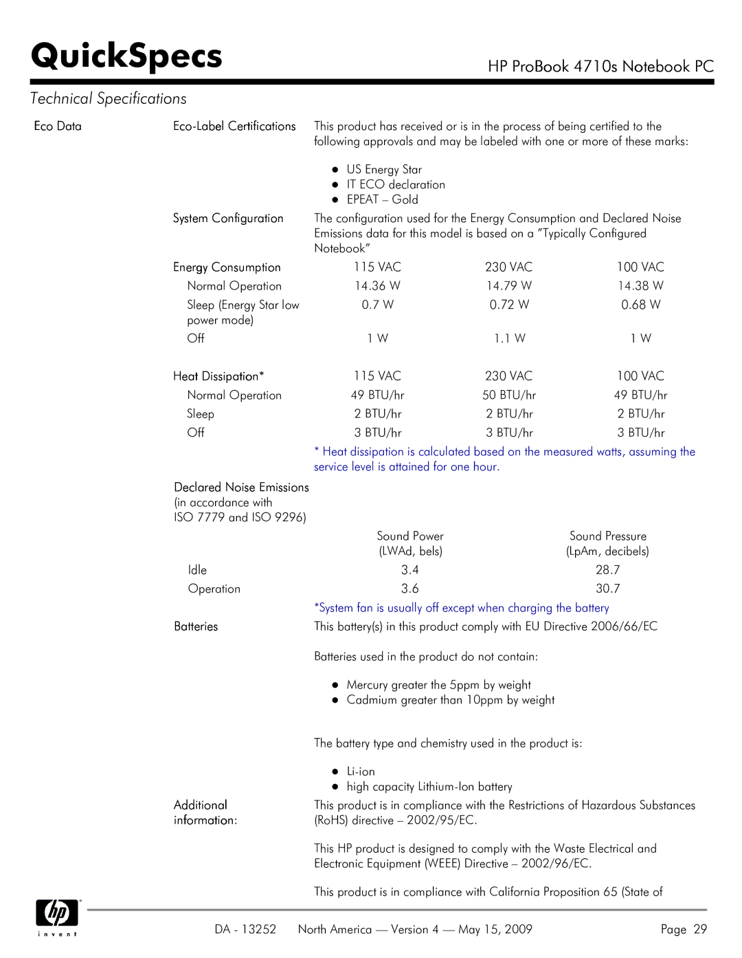 HP A7V8X-MXSE Eco Data Eco-Label Certifications, System Configuration, Energy Consumption, Heat Dissipation, Batteries 