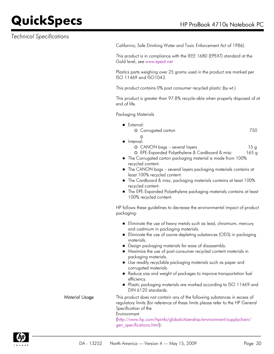 HP A7V8X-MXSE manual Material Usage 