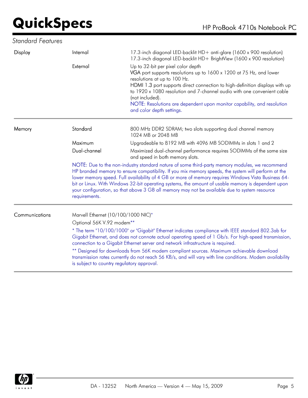 HP A7V8X-MXSE manual Display Internal, External, Memory Standard, Maximum, Dual-channel, Communications 