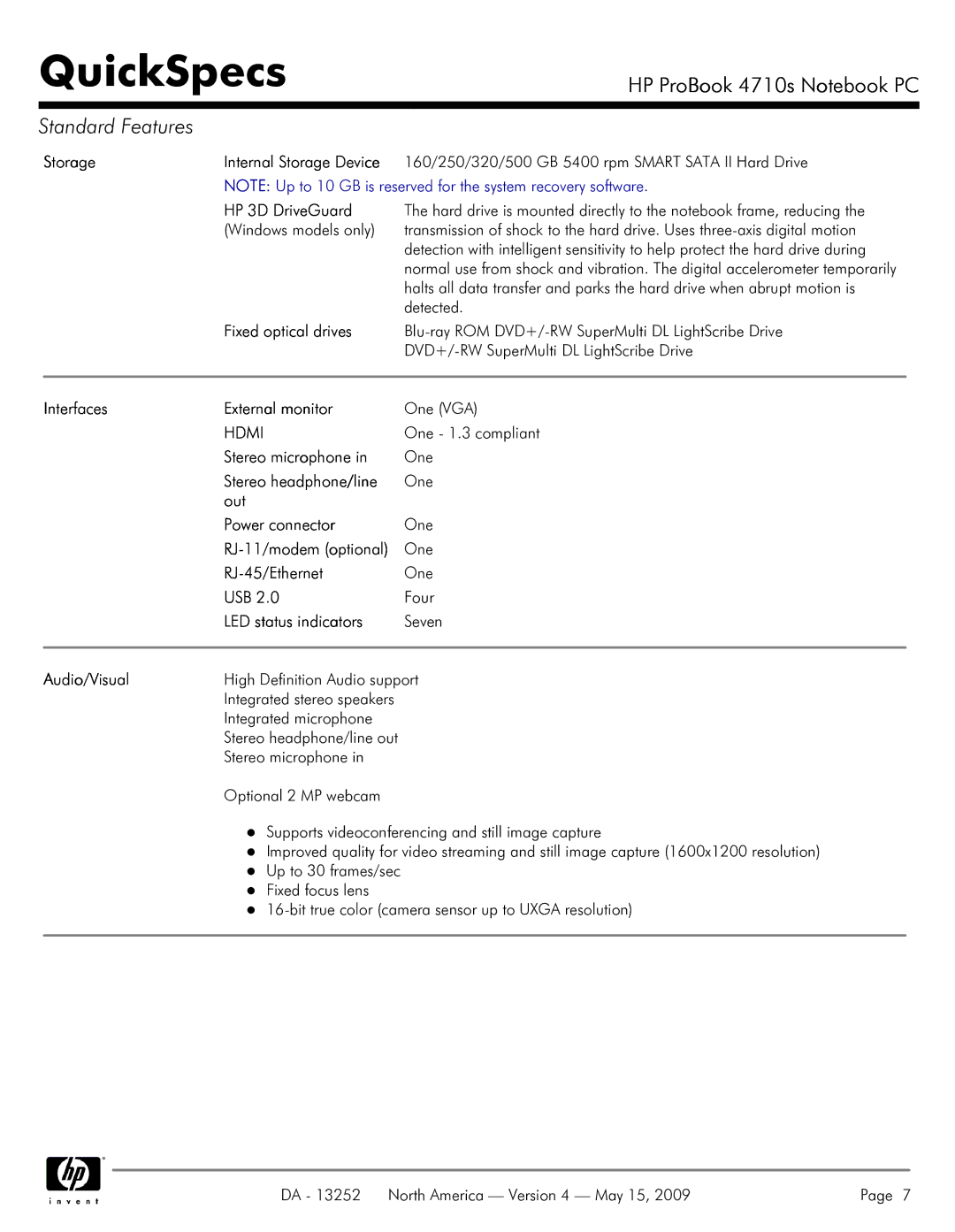 HP A7V8X-MXSE manual Storage, HP 3D DriveGuard, Fixed optical drives, Interfaces External monitor, Stereo microphone, Usb 