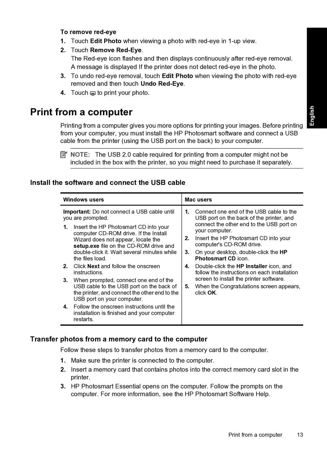 HP A820 Print from a computer, Install the software and connect the USB cable, To remove red-eye, Touch Remove Red-Eye 