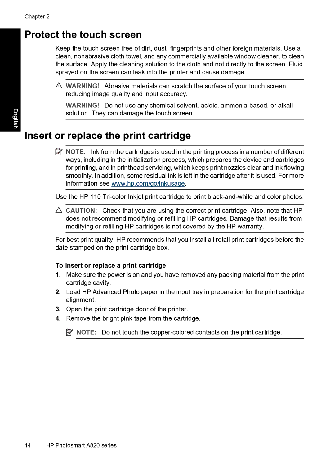 HP A820 manual Protect the touch screen, Insert or replace the print cartridge, To insert or replace a print cartridge 