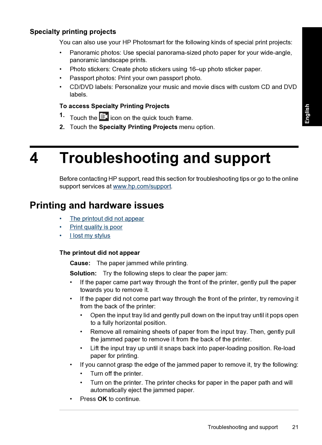 HP A820 manual Troubleshooting and support, Printing and hardware issues, Specialty printing projects 