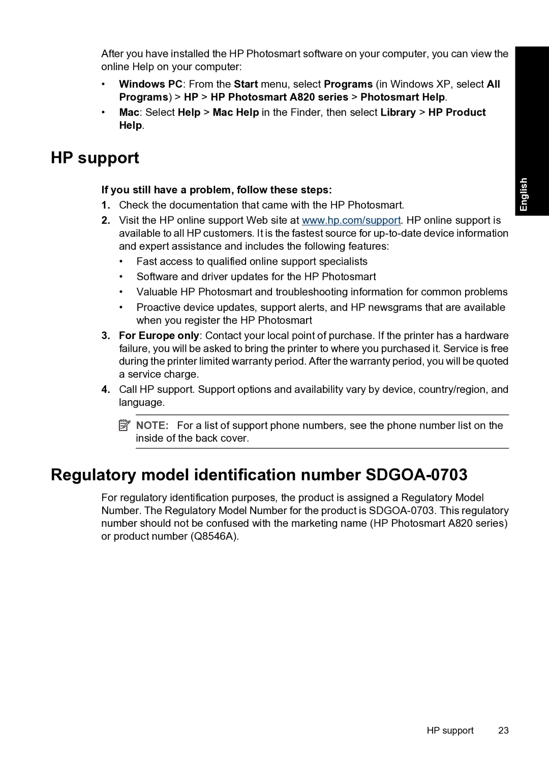 HP A820 HP support, Regulatory model identification number SDGOA-0703, If you still have a problem, follow these steps 