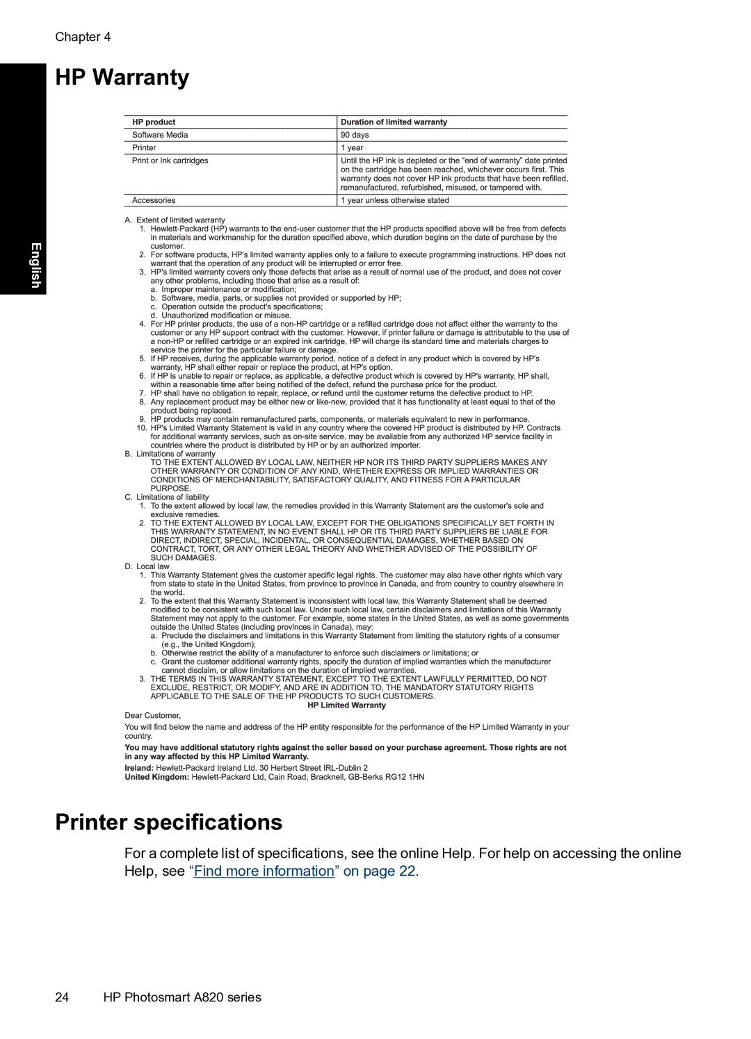 HP A820 manual HP Warranty, Printer specifications 