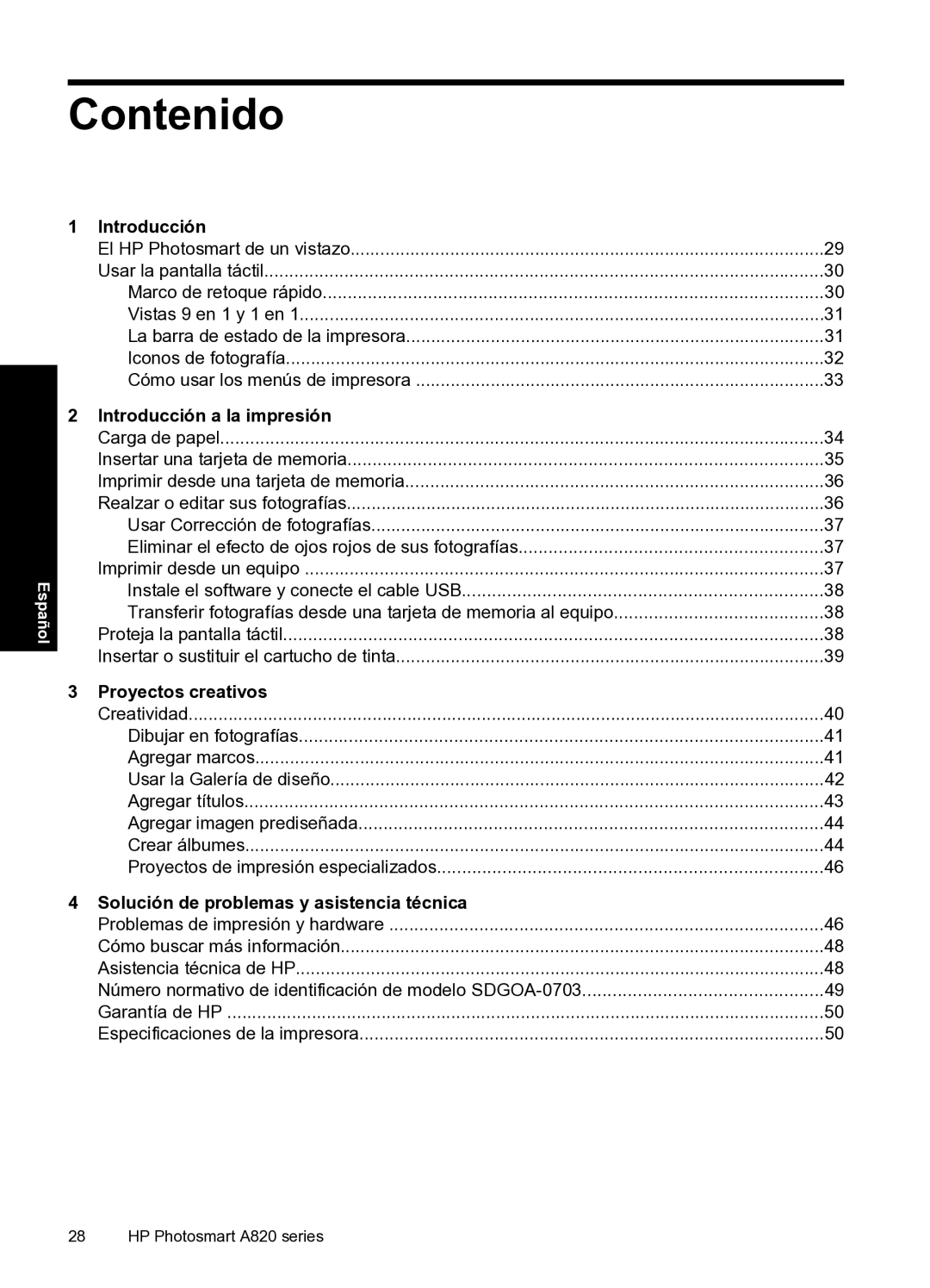 HP A820 manual Contenido, Introducción a la impresión, Proyectos creativos, Solución de problemas y asistencia técnica 