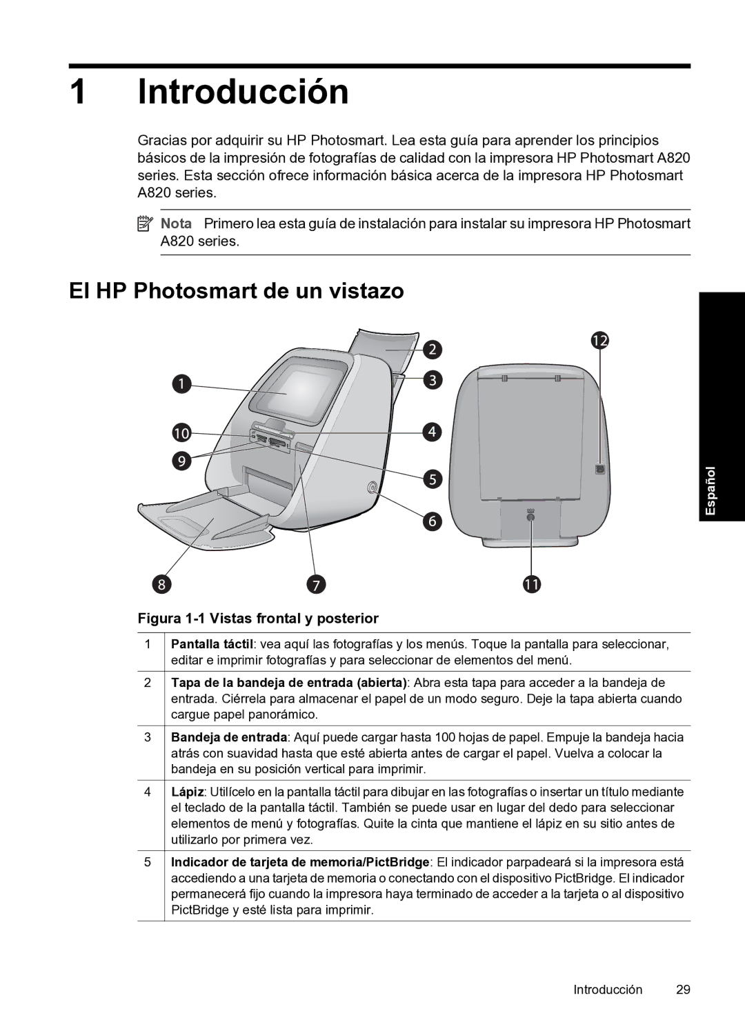 HP A820 manual Introducción, El HP Photosmart de un vistazo 