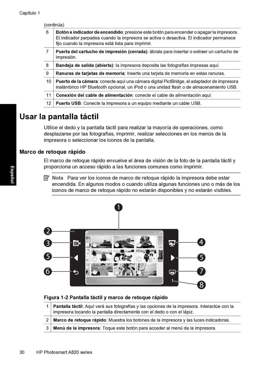 HP A820 manual Usar la pantalla táctil, Marco de retoque rápido 