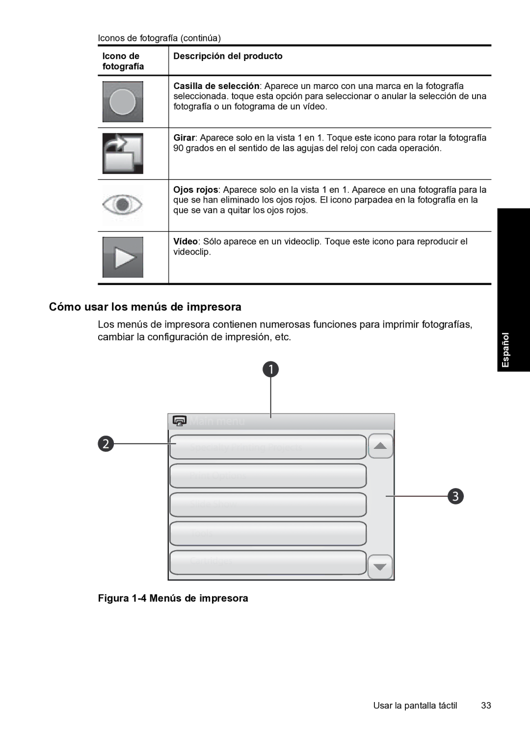 HP A820 manual Cómo usar los menús de impresora, Icono de Descripción del producto Fotografía 