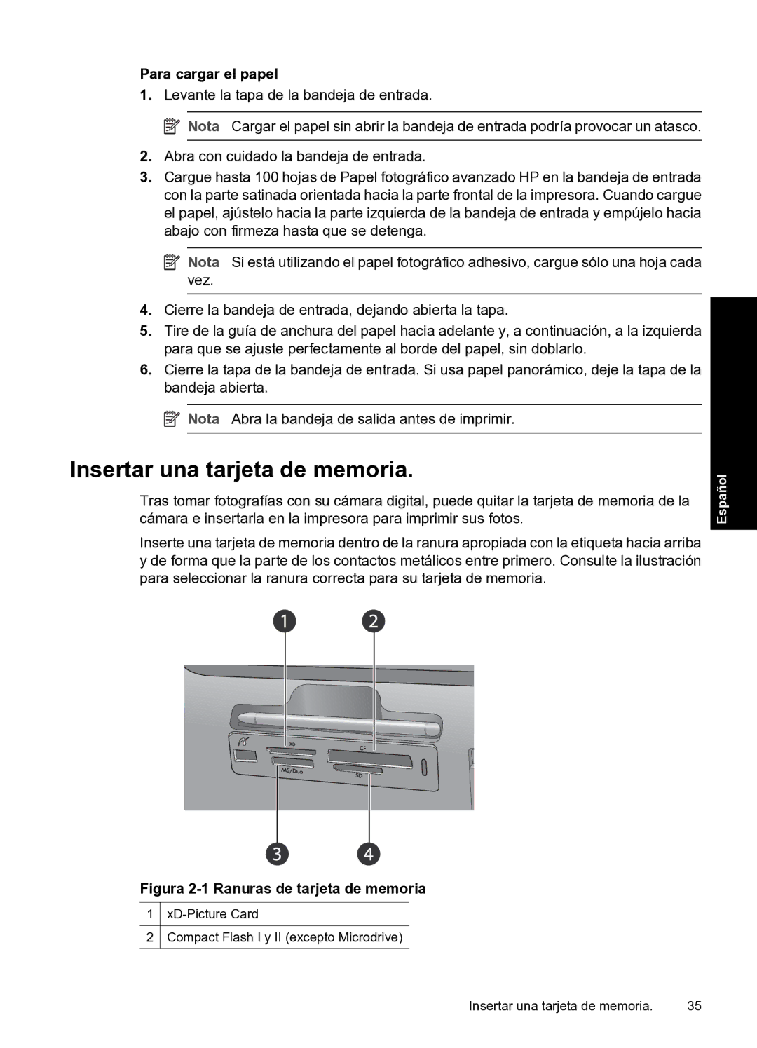 HP A820 manual Insertar una tarjeta de memoria, Para cargar el papel 