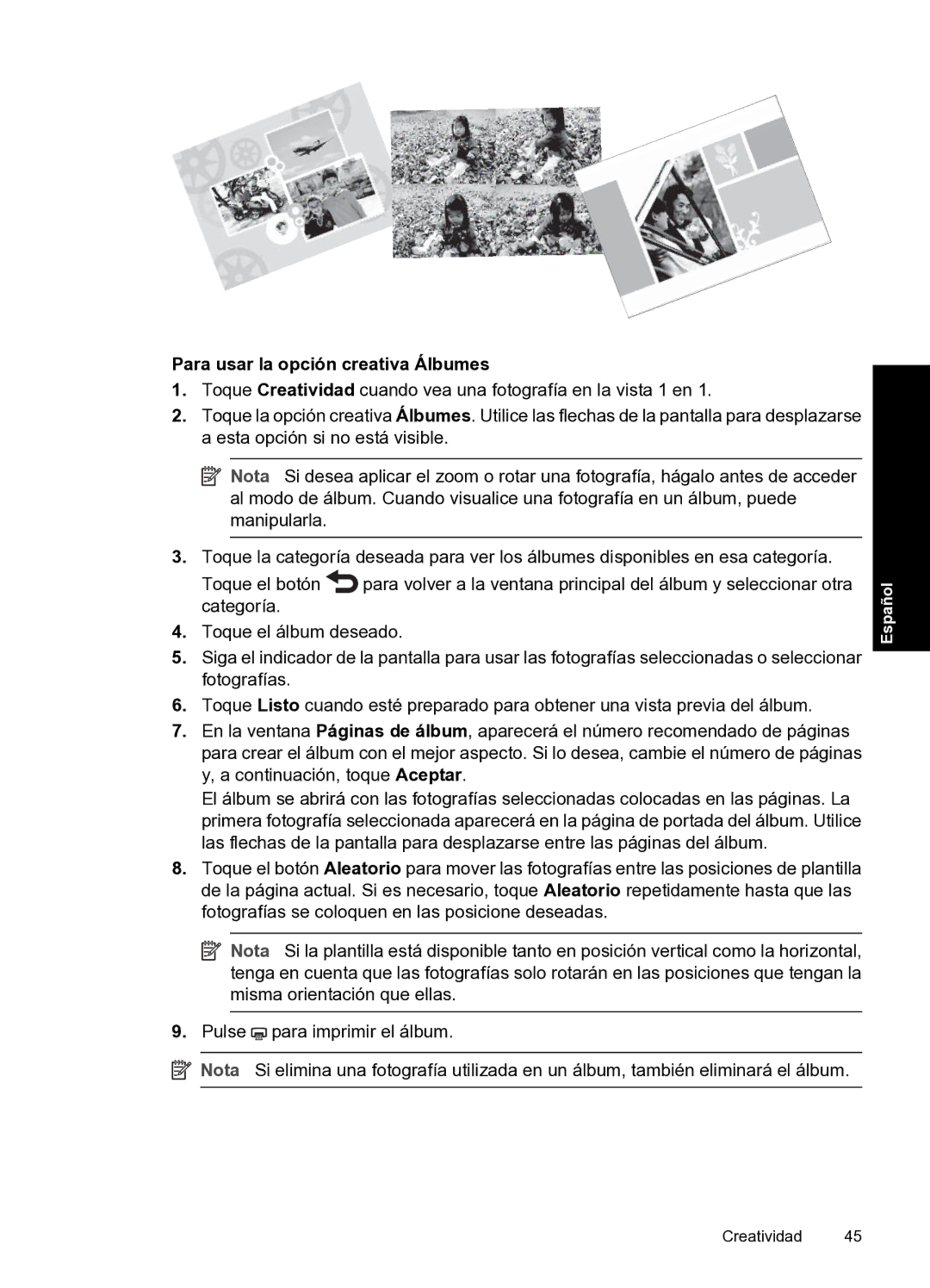 HP A820 manual Para usar la opción creativa Álbumes 