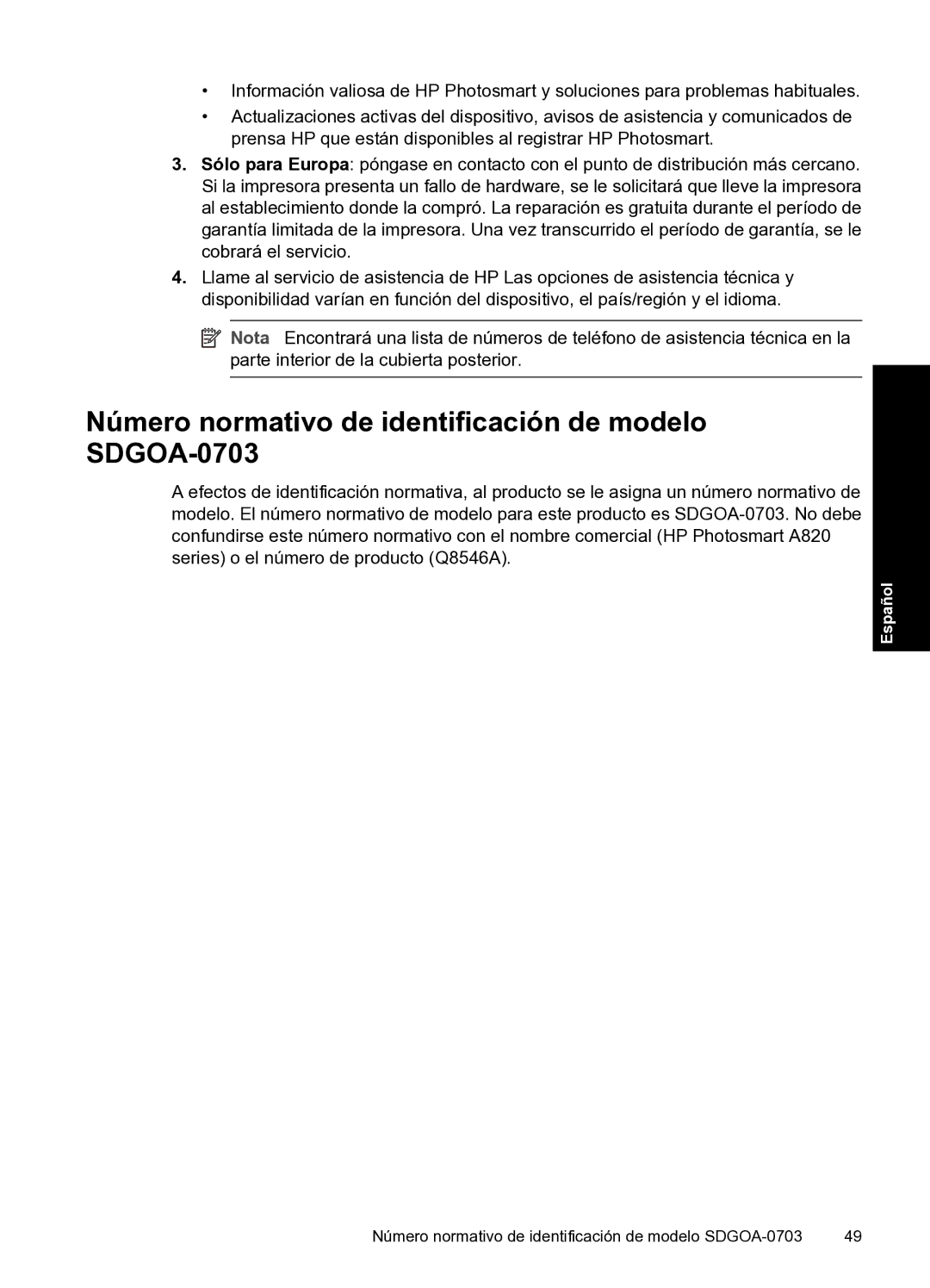 HP A820 manual Número normativo de identificación de modelo SDGOA-0703 