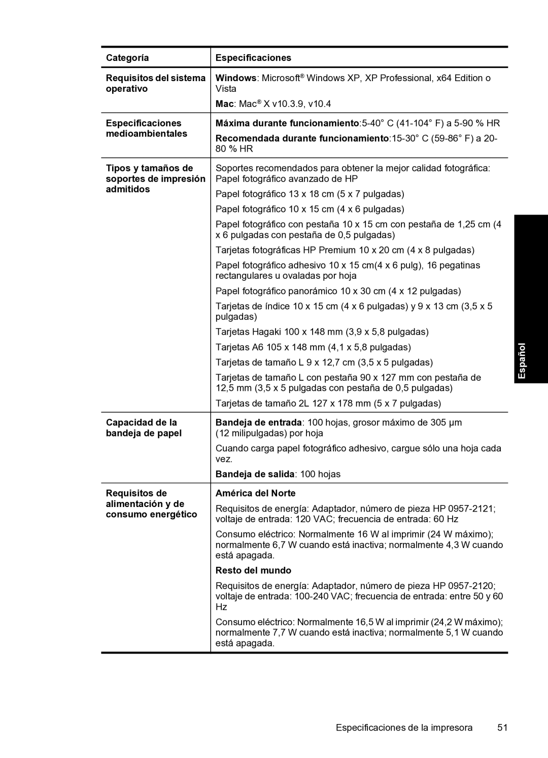 HP A820 manual Categoría Requisitos del sistema operativo, Especificaciones, Bandeja de salida 100 hojas América del Norte 