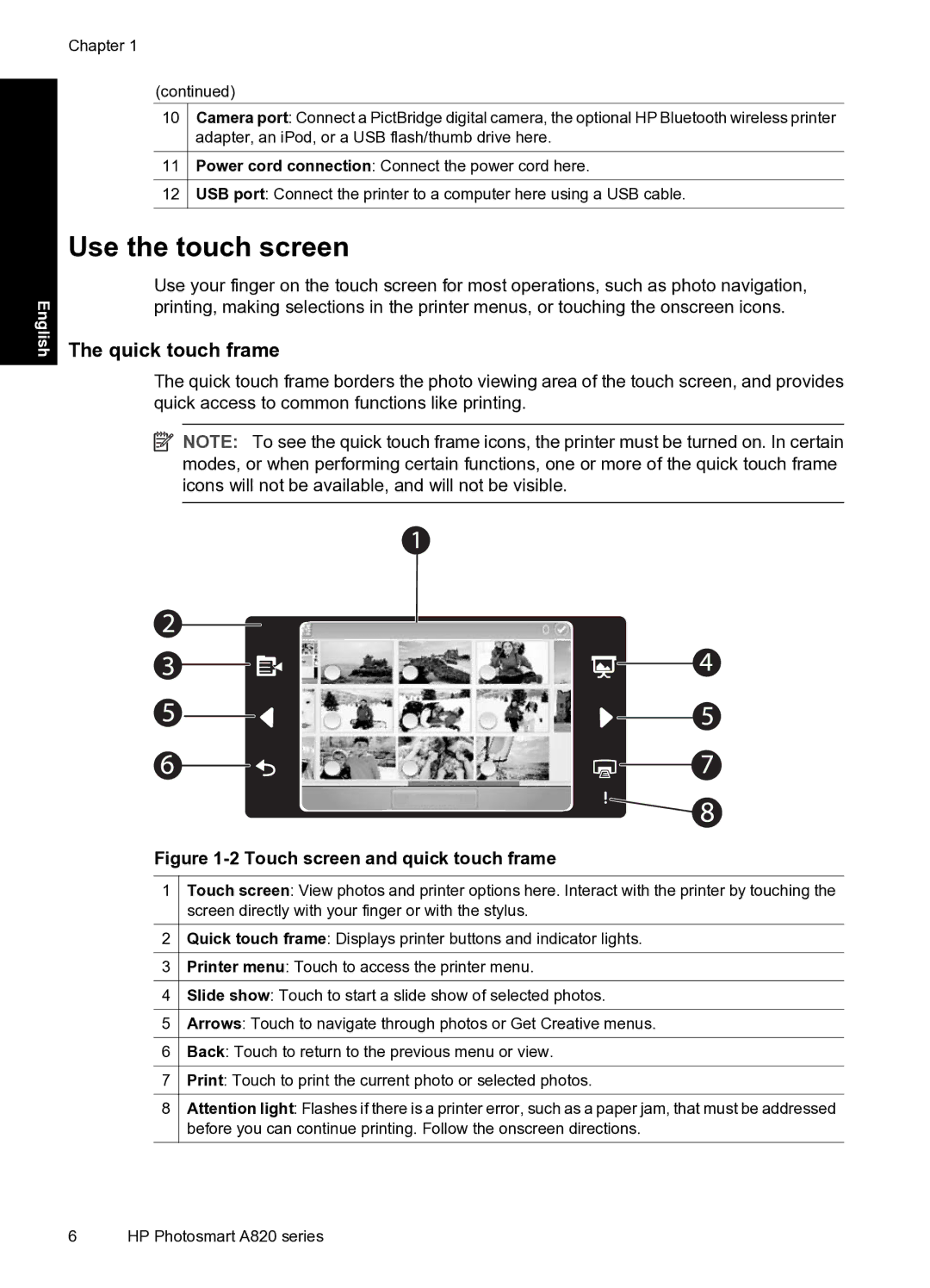 HP A820 manual Use the touch screen, Quick touch frame 