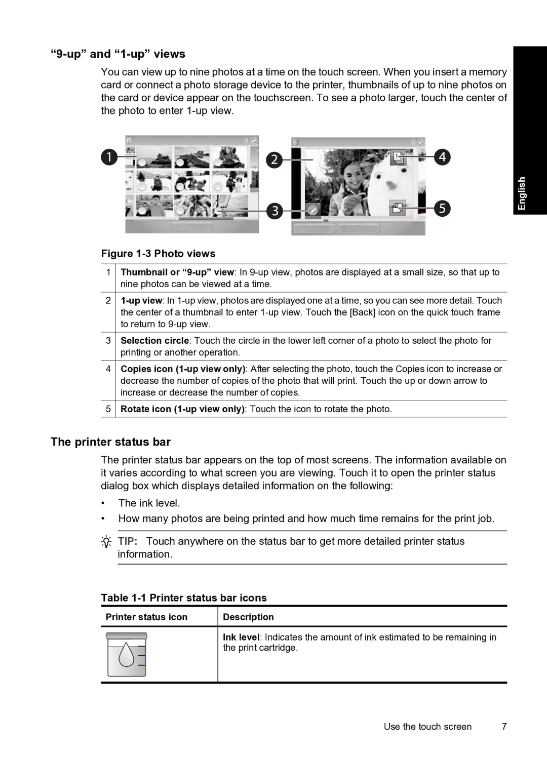 HP A820 manual Up and 1-up views, Printer status bar icons, Printer status icon Description 