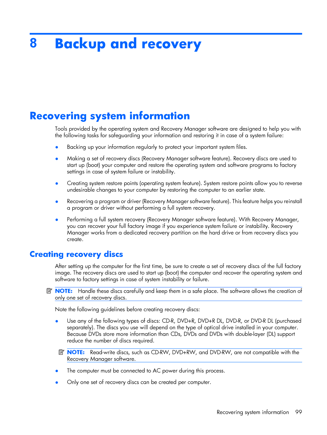 HP A939CA, A930XX, A918CA, A924CA, A928CA, A913CL Backup and recovery, Recovering system information, Creating recovery discs 