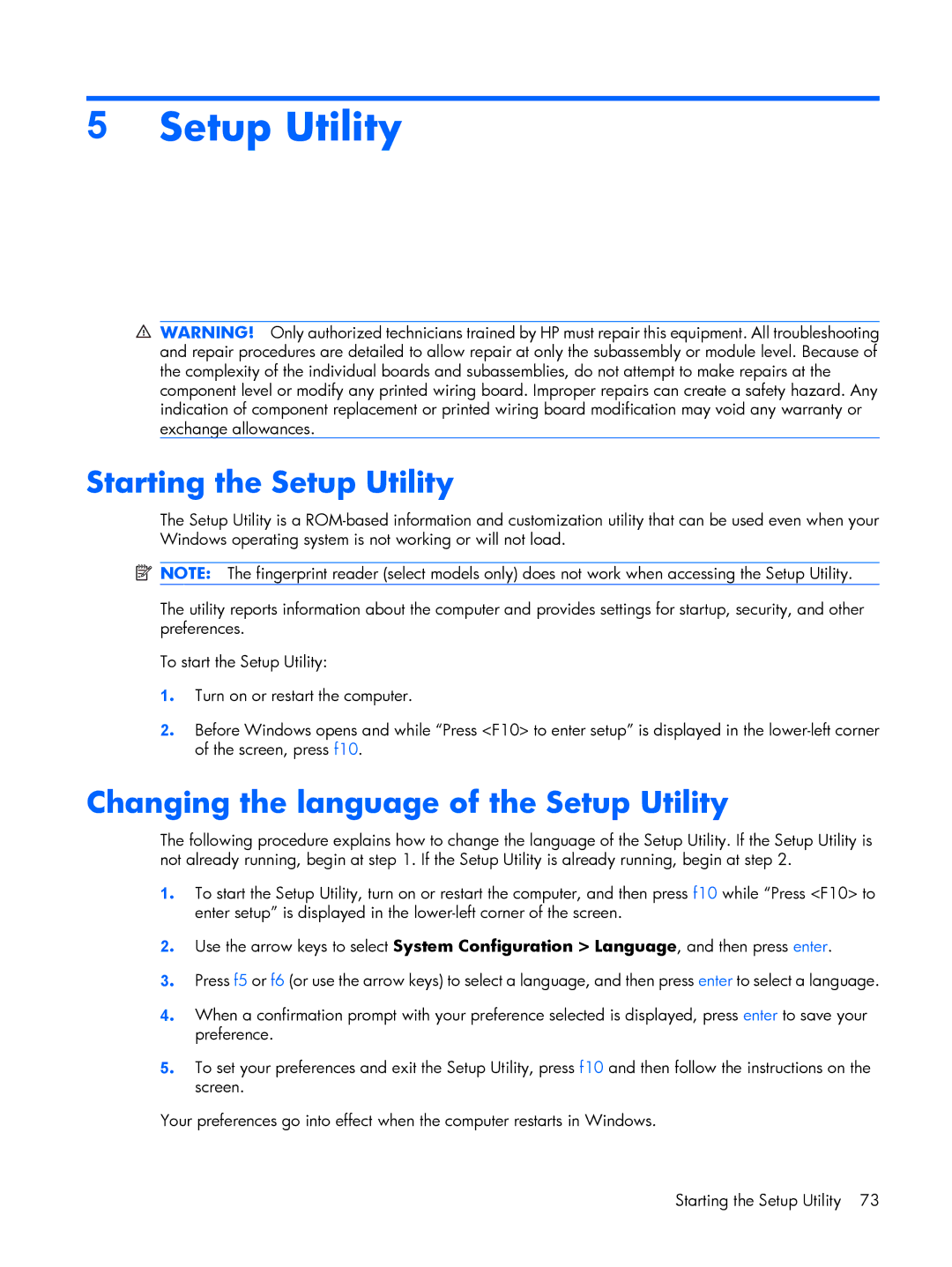 HP A935TU, A930XX, A918CA, A924CA, A928CA, A913CL Starting the Setup Utility, Changing the language of the Setup Utility 