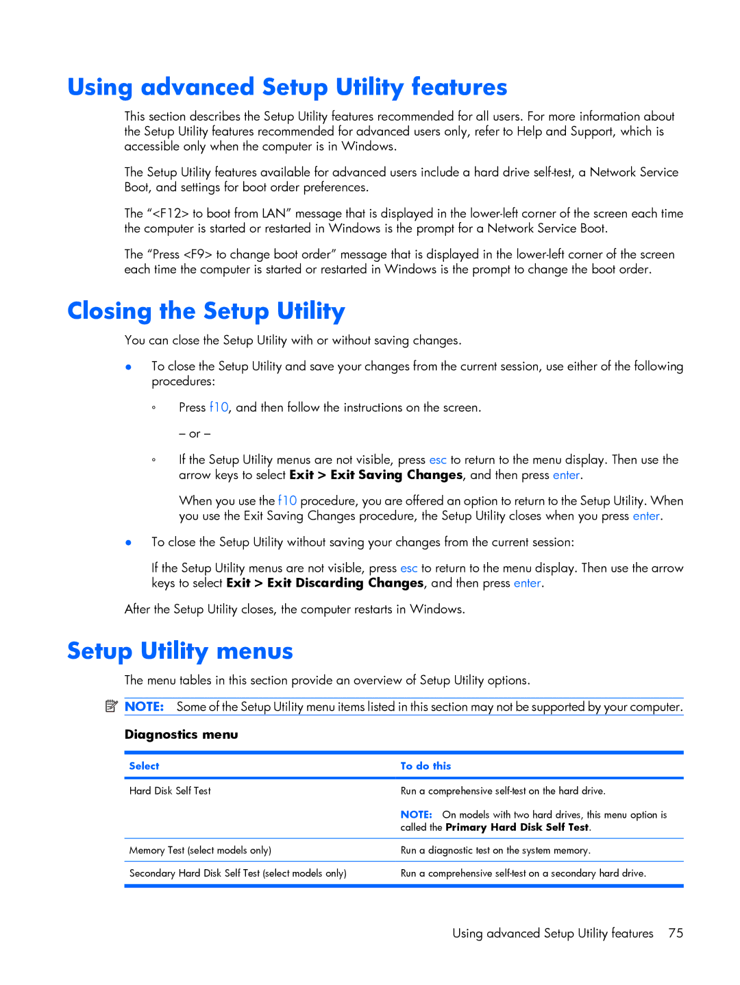 HP A936CA, A930XX Using advanced Setup Utility features, Closing the Setup Utility, Setup Utility menus, Select To do this 