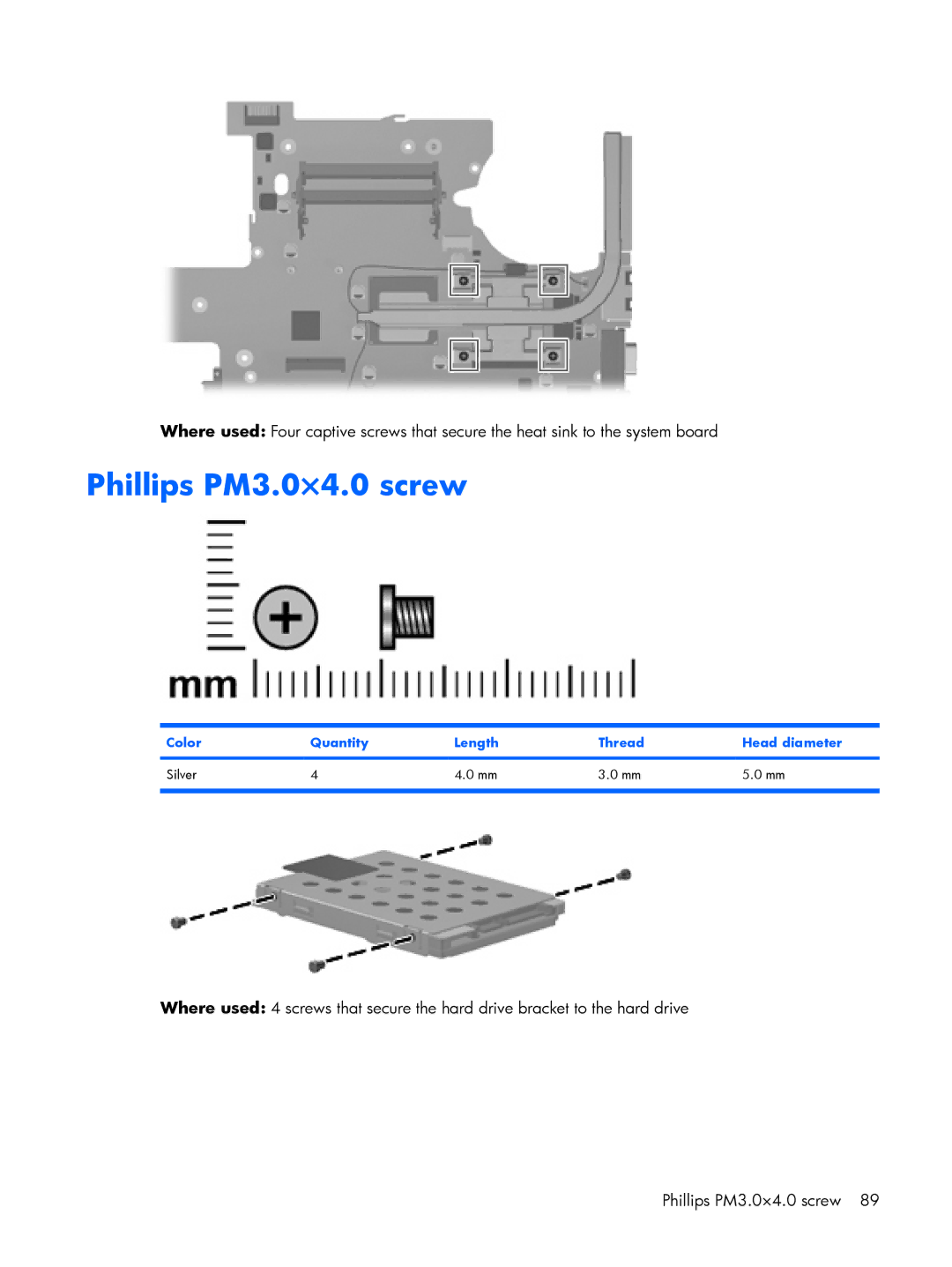 HP A930CA, A930XX, A918CA, A924CA, A928CA, A913CL Phillips PM3.0×4.0 screw, Color Quantity Length Thread Head diameter Silver 