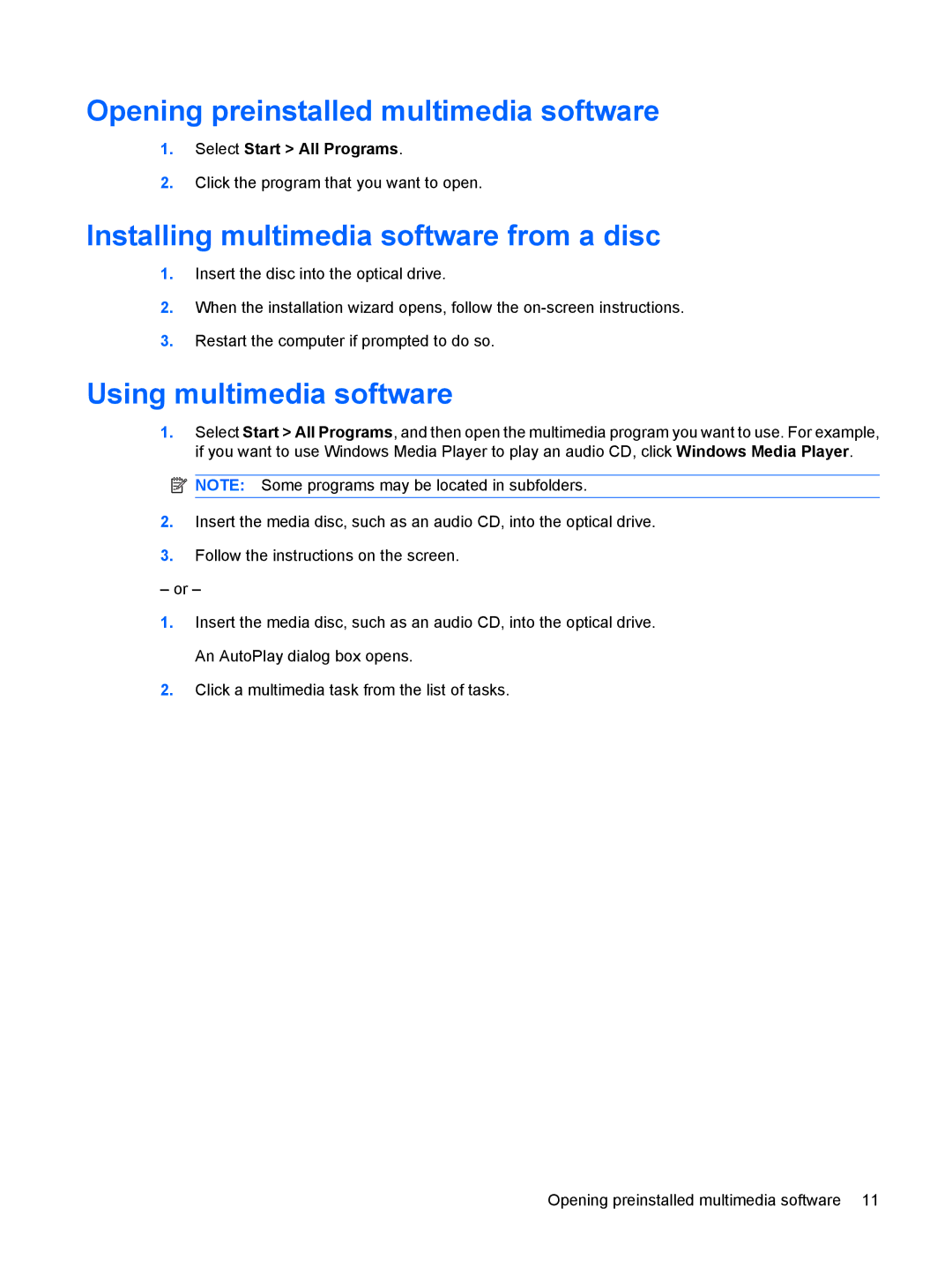 HP A968TU Opening preinstalled multimedia software, Installing multimedia software from a disc, Using multimedia software 