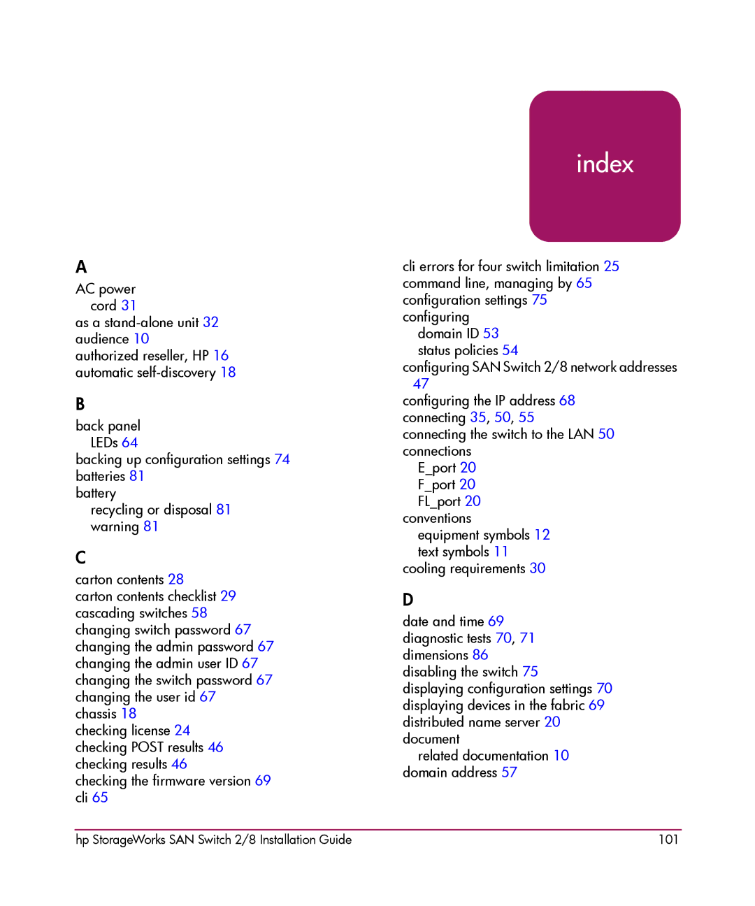 HP AA-RSB6B-TE manual Index 