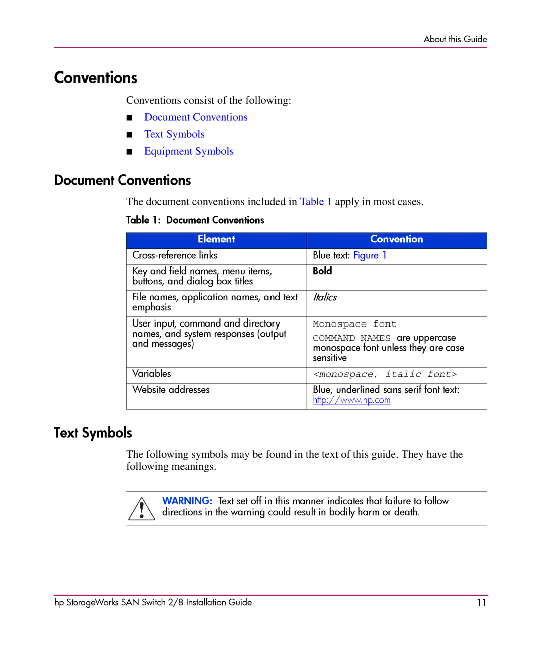 HP AA-RSB6B-TE manual Document Conventions, Text Symbols 