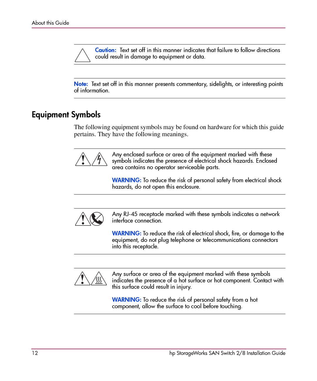 HP AA-RSB6B-TE manual Equipment Symbols 