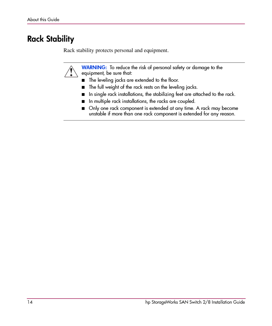 HP AA-RSB6B-TE manual Rack Stability, Rack stability protects personal and equipment 