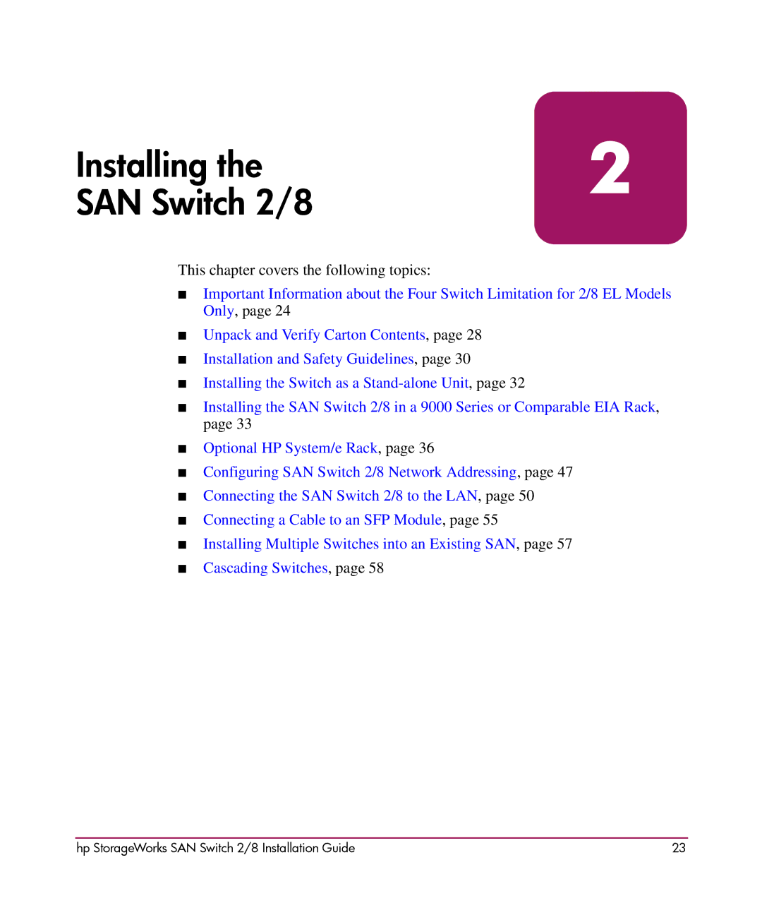 HP AA-RSB6B-TE manual Installing SAN Switch 2/8 