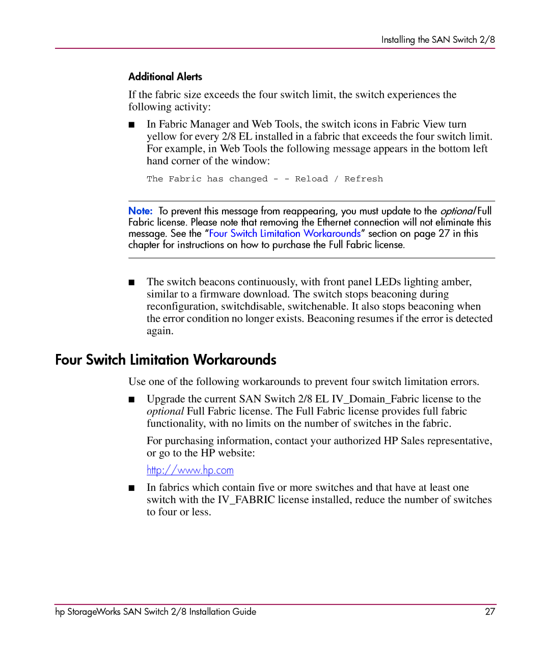 HP AA-RSB6B-TE manual Four Switch Limitation Workarounds 